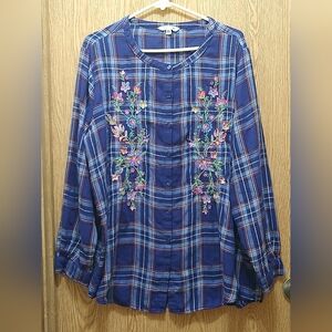 The Pioneer Woman XXXL Women's Top Embroidered Blue Plaid